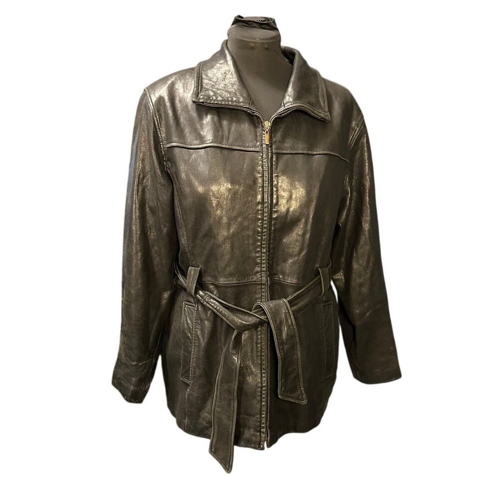 Vintage Charles Klein Black Leather Belted Zip Front Short Trench Coat Size L